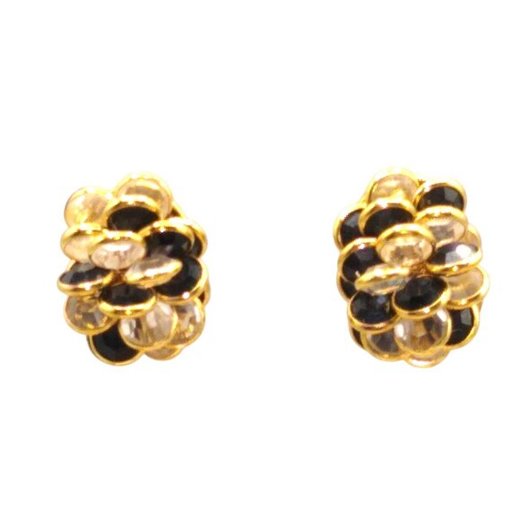 Vintage Monet Bezel Set Crystal Cluster Earrings, Black and White in Gold Tone - Picture 1 of 4
